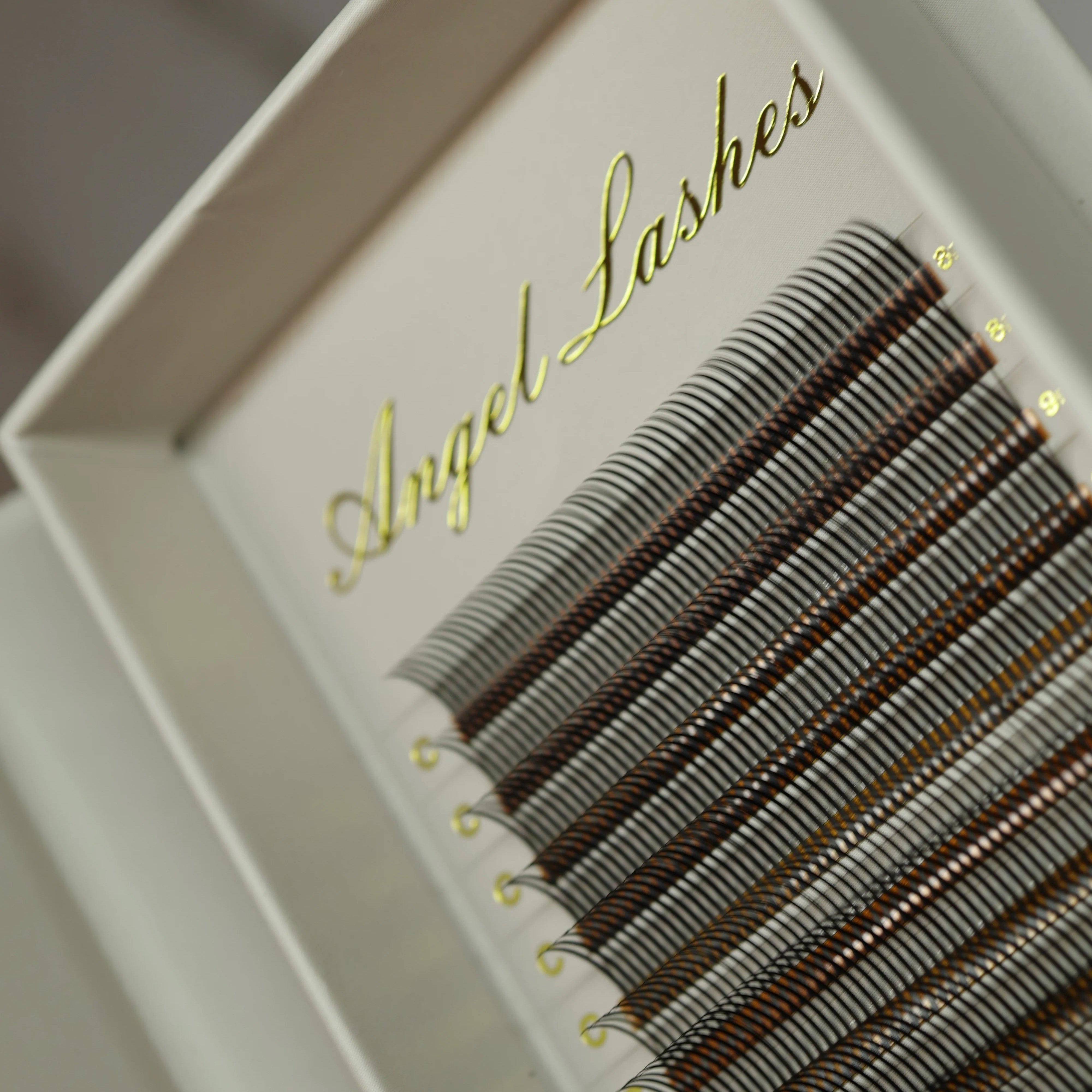 Eyelash extensions in a box with 'Angel Lashes' branding.