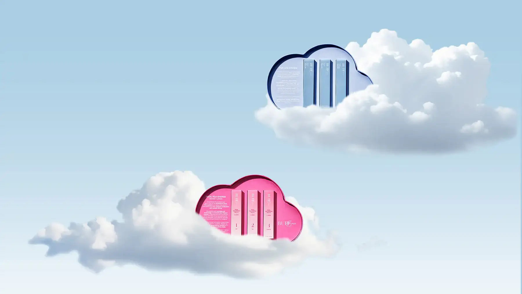Pink and blue cloud-shaped data storage units floating in a light sky.